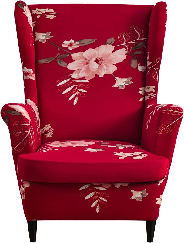 Photo 1 of 2 Piece Wingback Chair Slipcover,Stretch Printed Wing Chair Cover [Floral Red Flower]