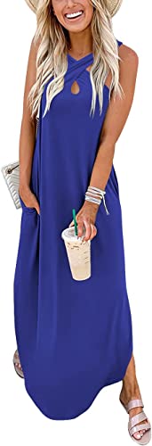 Photo 1 of [Size M] Prinbara Women's Casual Loose Sundress Long Dress Crisscross Sleeveless Split Maxi with Pockets [Royal Blue]