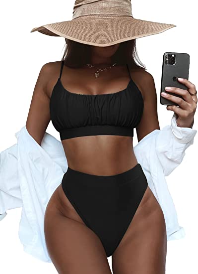 Photo 1 of [Size M] Lilosy High Waisted Tummy Control Ribbed Bikini Crop Top Brazilian Swimsuit Set 2 Piece [Black]