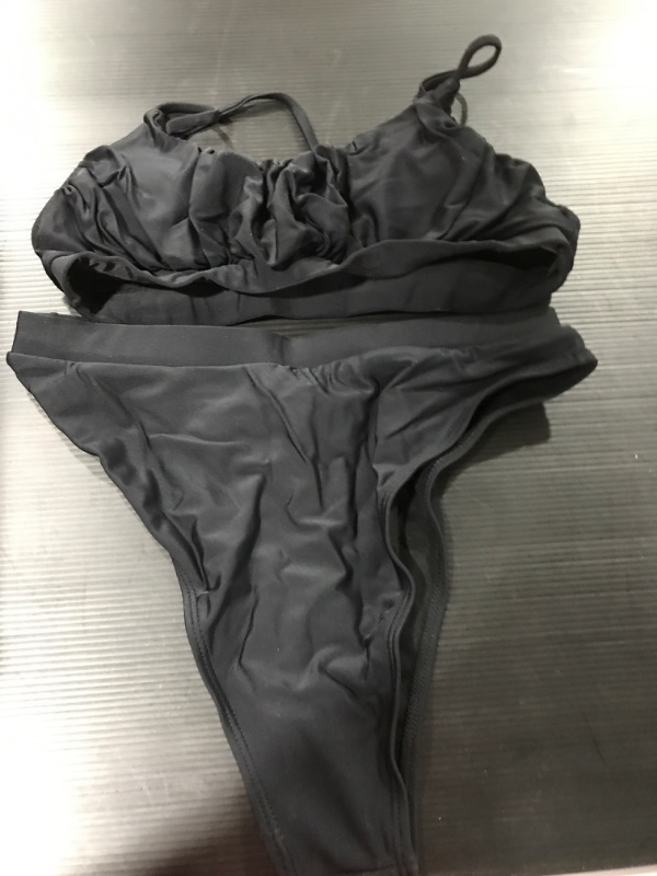 Photo 2 of [Size M] Lilosy High Waisted Tummy Control Ribbed Bikini Crop Top Brazilian Swimsuit Set 2 Piece [Black]