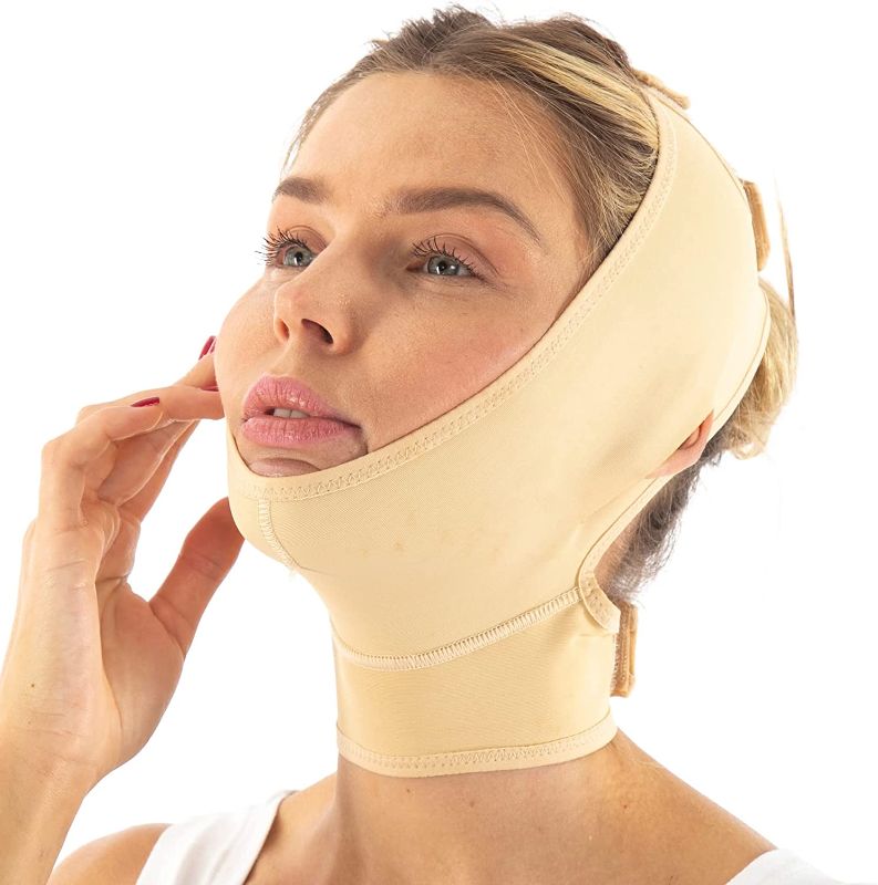 Photo 1 of [Size M] Post Surgery Neck and Chin Compression Garment Wrap Bandage, Face Slimmer, Jowl Tightening, Neck Coverage, Chin Lifting Strap (Beige, M)