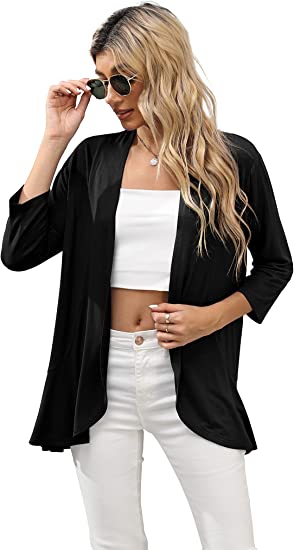 Photo 1 of [Size M] HIYIYEZI Women's Casual Lightweight Open Front Cardigans Soft Draped Ruffles 3/4 Sleeve Cardigan [Black]