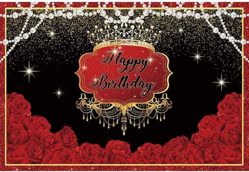 Photo 1 of 9x6ft Vinyl Happy Birthday Photography Backdrop Red Roses Gold Sparkle Spots Pearls Luxurious