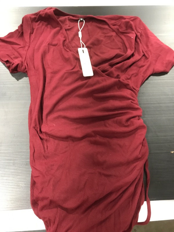 Photo 2 of [Size M] ULTRANICE Women's Short Sleeve Rib Knit Bodycon Ruched Midi Dress Wrap V Neck Side Drawstring Party Club Cocktail Dress [Burgundy]