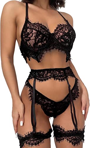 Photo 1 of [Size M] Lilosy Sexy Floral Lace Underwire Push Up Garter Lingerie Set Belt Bra and Panty 3 Piece