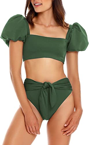 Photo 1 of [Size M] Fisoew Women's High Waist Bikini Sets Tie Knot Tummy Control Swimwear 2 Piece Swimsuits [Green]