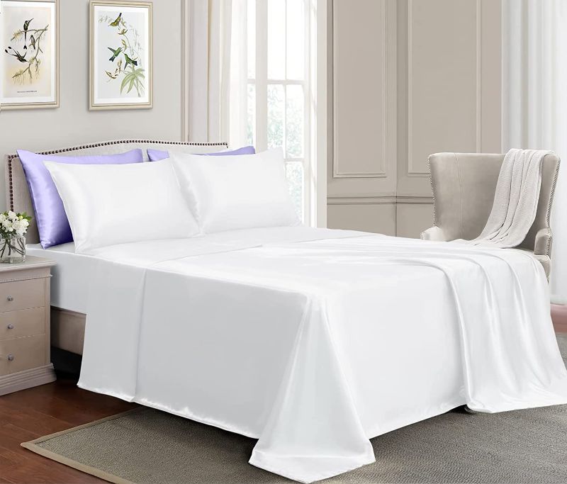 Photo 1 of [Size Full] GOLAL Satin Sheets - 4 Pieces Luxury Silky Soft Bed Sheets, Wrinkle-Free White Satin Silk Sheet Set with 1 Deep Pocket Fitted Sheet, 1 Flat Sheet, 2 Pillow Cases