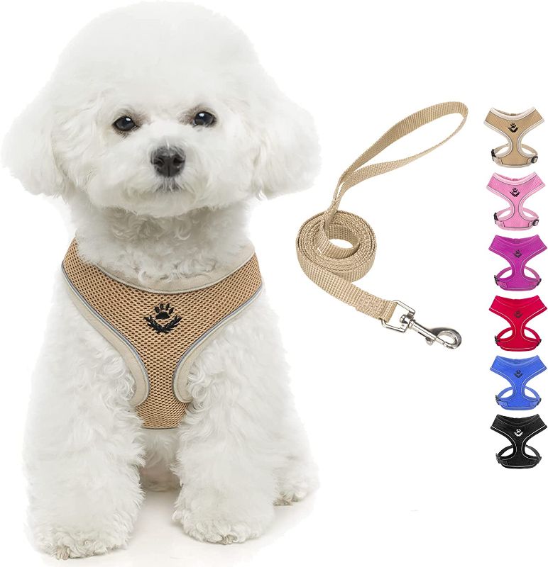 Photo 1 of [Size S] PUPTECK Soft Mesh Dog Harness and Leash for Puppy Cats Small Dogs Reflective No Pull Vest Harness for Outdoor Walking [Beige]