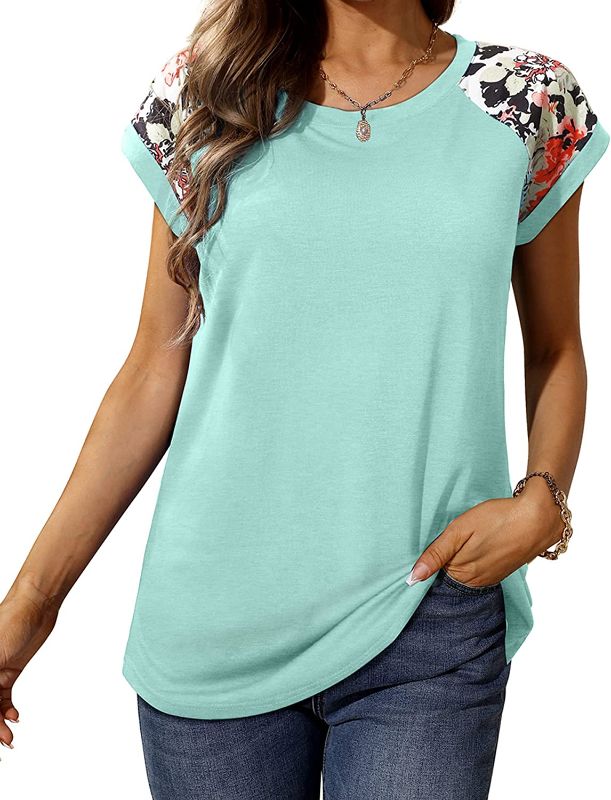 Photo 1 of [Size 2XL] Bofell Womens Summer Tops Cap Sleeve Floral Print Loose Fitting Tunic Shirts [Lake Green]