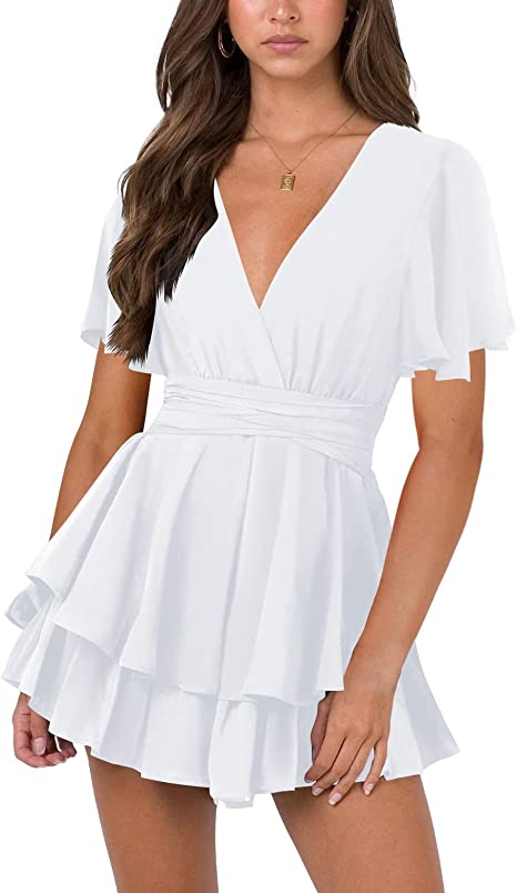 Photo 1 of [Size XL] Nova In Sky Womens Sexy V Neck Long Baggy Sleeve Tie Waist Ruffle Hem Flowy Swing Mini Short Wrap Dress [White]