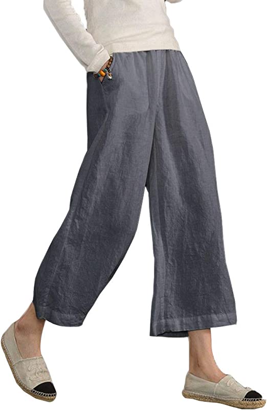 Photo 1 of [Size 4X] Ecupper Womens Casual Loose Elastic Waist Cotton Trouser Cropped Wide Leg Pants [White]