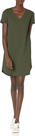 Photo 1 of [Size S] Daily Ritual Women's Lived-in Cotton Relaxed-Fit Roll-Sleeve V-Neck T-Shirt Dress [Olive]