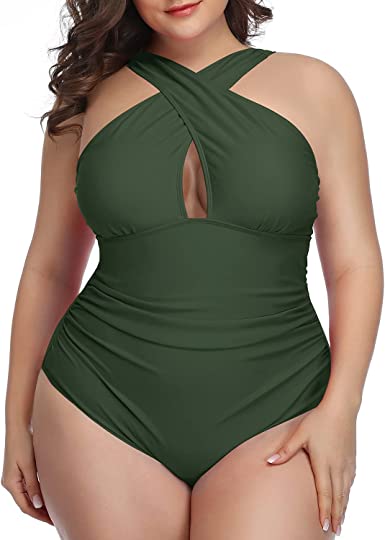 Photo 1 of [Size 18W] Daci Womens Front Cross Plus Size One Piece Swimsuits Tummy Control Keyhole Bathing Suits Swimwear [Army Green]