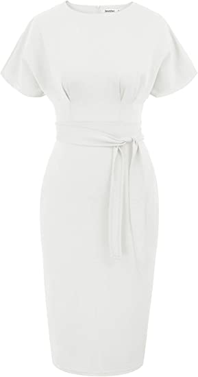 Photo 1 of [Size XL] JASAMBAC Women's Bodycon Pencil Dress Office Wear to Work Dresses with Pocket Belt [White]