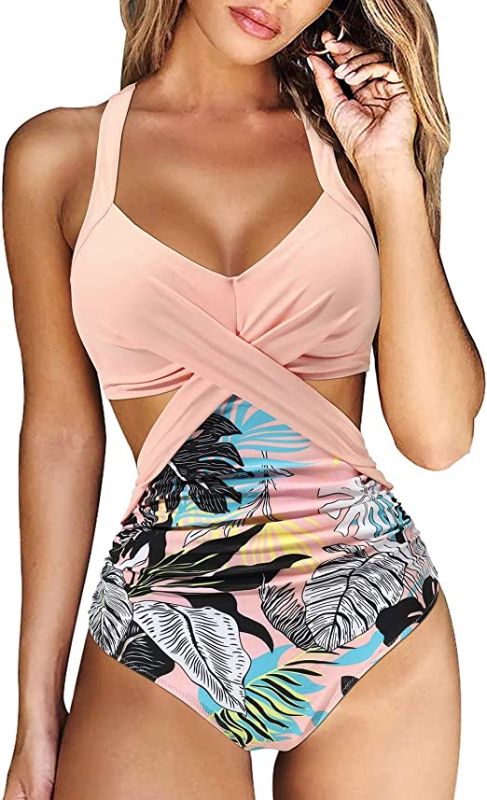 Photo 1 of [Size L] Ruuhee women criss cross halter one pc swimsuit tie back bathing suit [Pink]