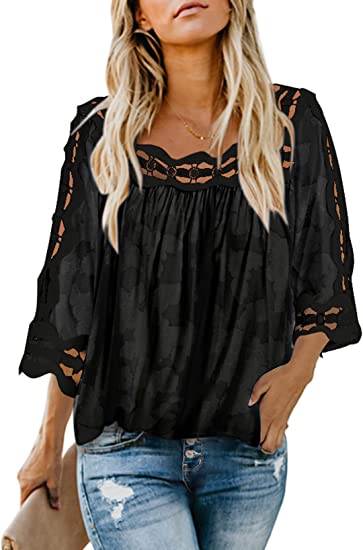 Photo 1 of [Size L] Dokotoo Women 3/4 Sleeve Lace Crochet Tops Blouse Flowy Square Collar Solid Color Shirt Summer [Black]