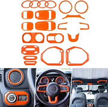 Photo 1 of 21 PCS Interior Decoration Trim Kit Fits for Jeep Wrangler JL JLU 2018-2021 2&4-Door - Steering Wheel Trim, Door Handle Bowl Cover, Dashboard Air Conditioner Vent & Reading Light Trim (Orange)
