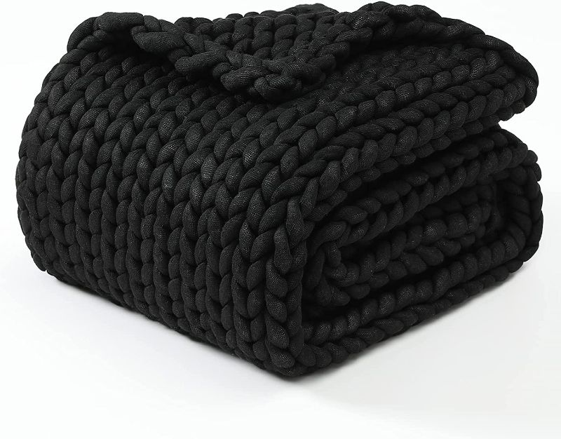 Photo 1 of YnM Original Hand Knitted Throw Blanket, Breathable Chunky Knit Throw, no Pilling or Shedding,  (Black, 40"x50") [Black]