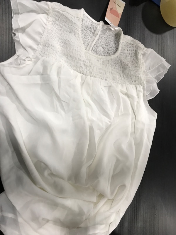 Photo 2 of [Size L] KIRUNDO Women’s Summer Sleeveless Ruffle Sleeve Crew Neck Short Mini Dress Solid Loose Flowy Chiffon Pleated Casual Dresses [White]