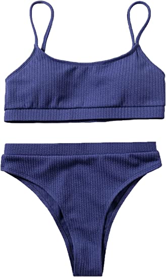 Photo 1 of [Size L] Lilosy High Waisted Tummy Control Ribbed Bikini Crop Top Brazilian Swimsuit Set 2 Piece [Blue]