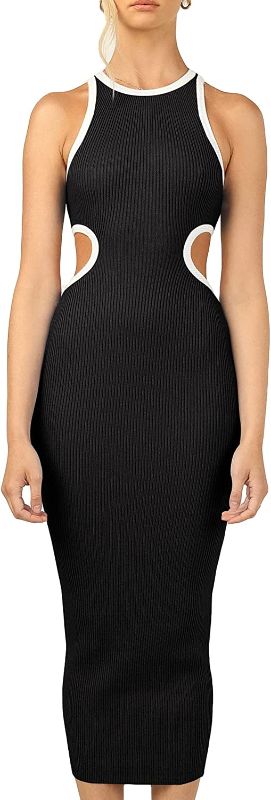 Photo 1 of [Size L] KMOLY Women's Sexy Sleeveless Cut Out Dress Crewneck Bodycon Hollow Backless Knitted Evening Cocktail Party Midi Dresses [Black]