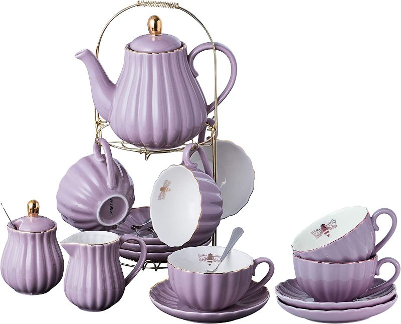 Photo 1 of  (Purple, Serve of 6) Jusalpha Fine China Purple Coffee Cup/Teacup Set, 8 OZ Cups& Saucer, with Teapot-Sugar Bowl-Cream Pitcher 23 purple Teaspoons and tea strainer for Tea/Coffee (Purple, Serve of 6)