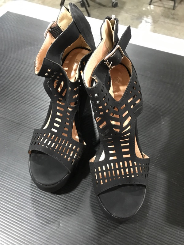 Photo 3 of [Size 10-10.5] Wedge Sandals for Women, Open Toe Cutout Anti Slip Ankle Strap High Heel Back Zipper Summer Bohemia Platform Sandals [Black]