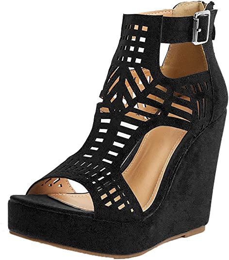 Photo 1 of [Size 10-10.5] Wedge Sandals for Women, Open Toe Cutout Anti Slip Ankle Strap High Heel Back Zipper Summer Bohemia Platform Sandals [Black]