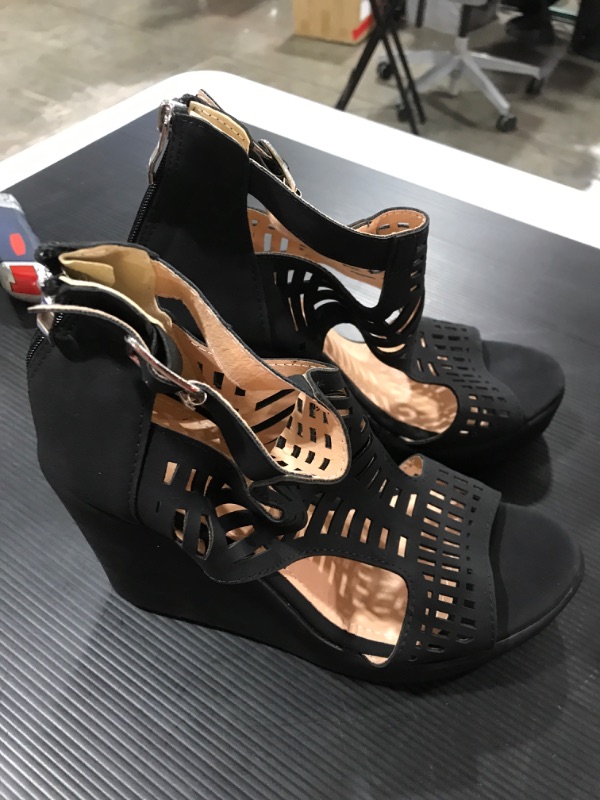 Photo 2 of [Size 10-10.5] Wedge Sandals for Women, Open Toe Cutout Anti Slip Ankle Strap High Heel Back Zipper Summer Bohemia Platform Sandals [Black]