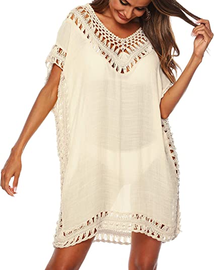 Photo 1 of [Size XL]  SIAEAMRG Swimsuit Cover Ups for Women, V Neck Hollow Out Swim Coverup Crochet Chiffon Summer Beach Cover Up Dress [Apricot]