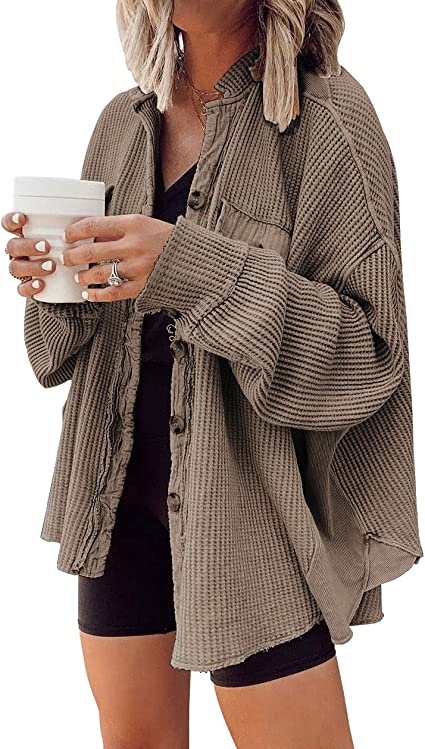 Photo 1 of [Size XL] chouyatou Women's Batwing Sleeve Waffle Knit Button Down Shirt [Coffee]