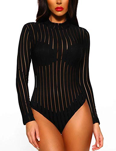 Photo 1 of [Size L] Women's Sheer Mesh Turtleneck Neck See Through Leotard Bodysuit Body Tops [Black]