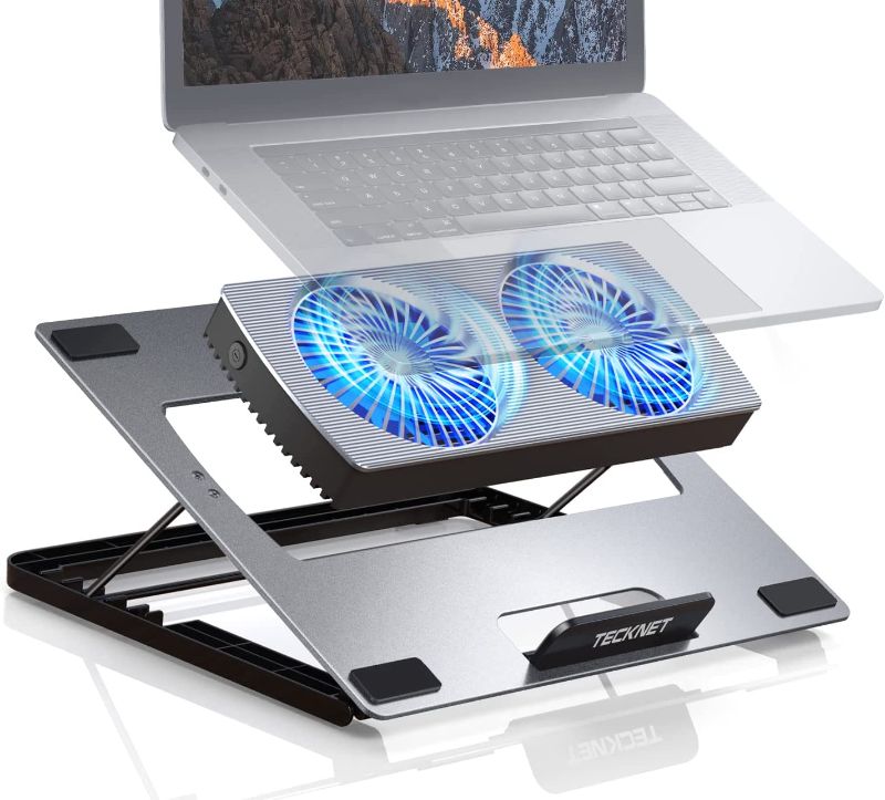 Photo 1 of TECKNET Laptop Cooling Pad, Adjustable Aluminum Laptop Stand, Portable Ultra-Slim Quiet Laptop Cooler with 2 Separable Powerful Laptop Fans, for Business Office Laptops Within 15.6 Inches