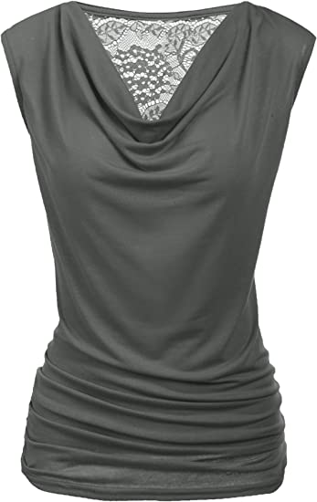 Photo 1 of [Size M] Zeagoo Womens Ruched Cowl Neck Tank Tops Sleeveless Stretch Blouse with Side Shirring [Gray]