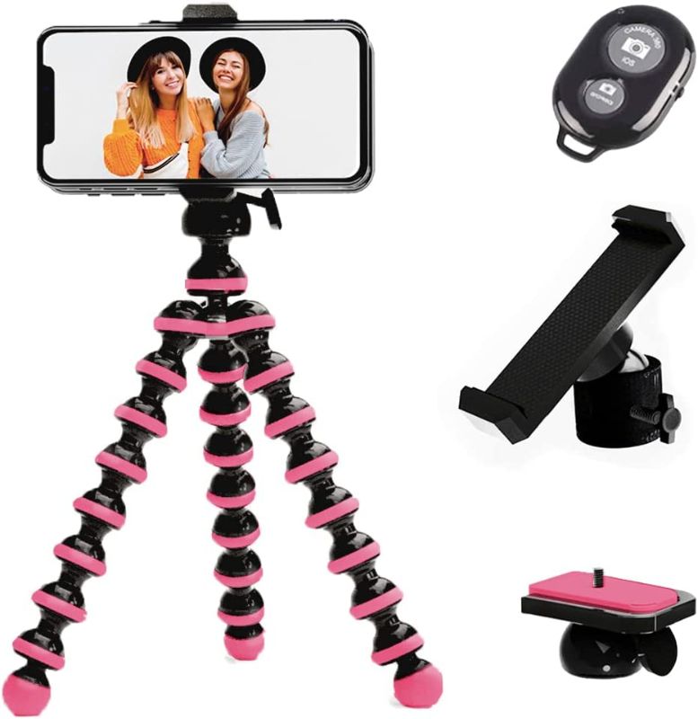 Photo 1 of TALK WORKS Flexible Phone Tripod for iPhone, Android, Camera - Adjustable Stand Holder with Mini Wireless Remote for Selfies, Vlogging, Beauty/Makeup, Live Streaming/Recording - Pink,14019