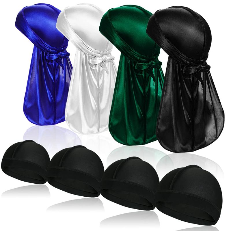 Photo 1 of 4 Pcs Silky Men Durag Headwraps with Long Tail and 4 Pcs Silk Wave Cap Perfect for 360 Waves