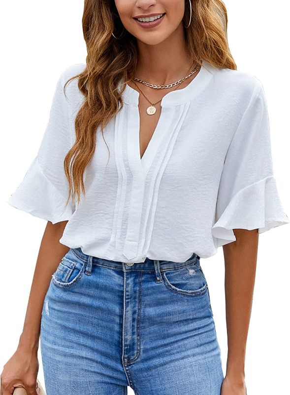 Photo 1 of BMJL Womens White Blouses Chiffon Ruffle Short Sleeve V Neck Business Casual Tops Summer Cute Shirt SIZE L