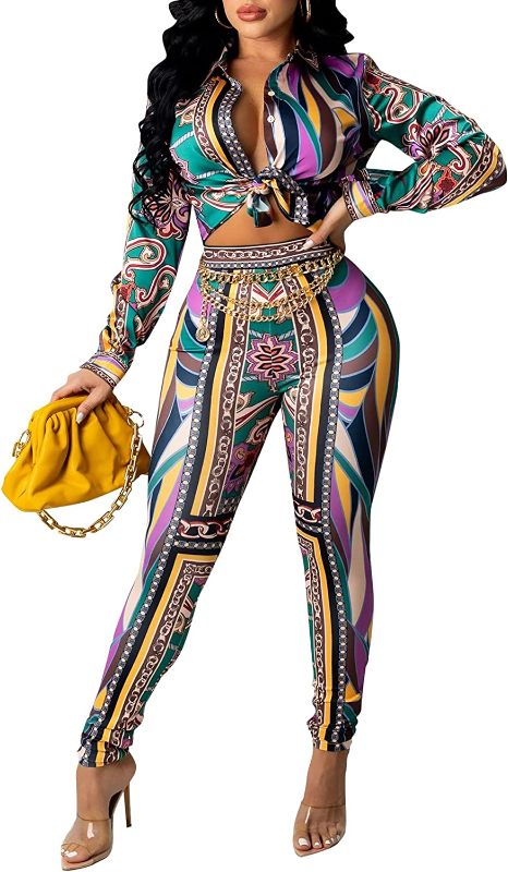 Photo 1 of 2 Piece Outfits for Women Sexy Bodycon Pants Sets Floral Print Long Sleeve Tracksuits Jumpsuits SIZE XL