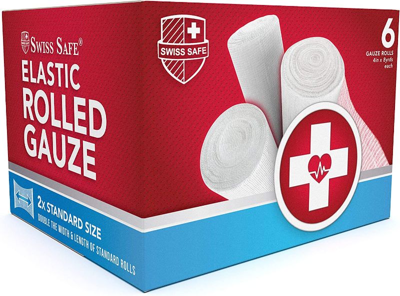 Photo 1 of  Swiss Safe Long Elastic Stretch Gauze Rolls, 4 Inch x 8 Yards, (6 Pack) 