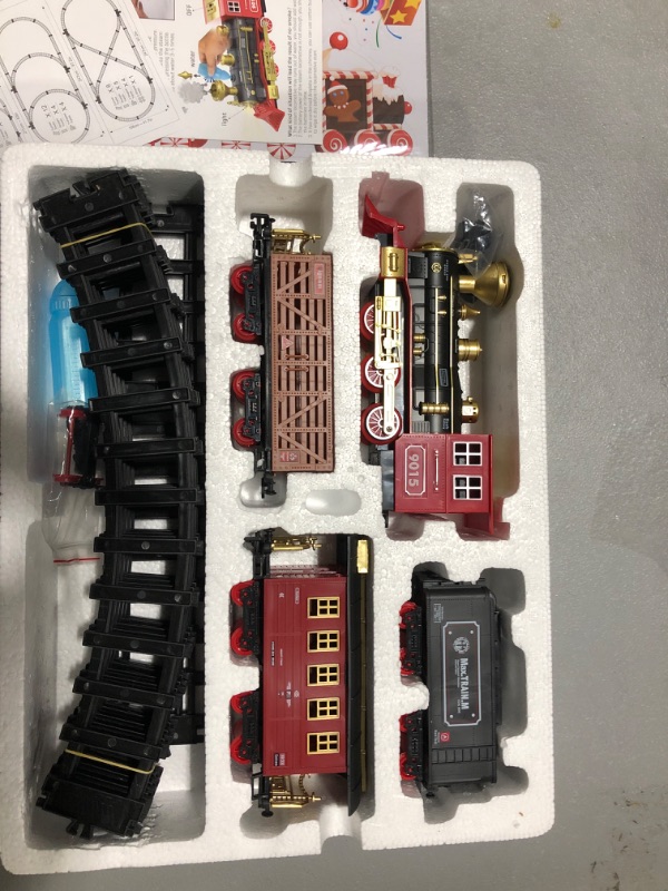 Photo 2 of Hot Bee Train Set - Electric Train Toy for Boys Girls w/ Smokes, Lights & Sound, Railway Kits w/ Steam Locomotive Engine, Cargo Cars & Tracks, Christmas Gifts for 3 4 5 6 7 8+ year old Kids Red