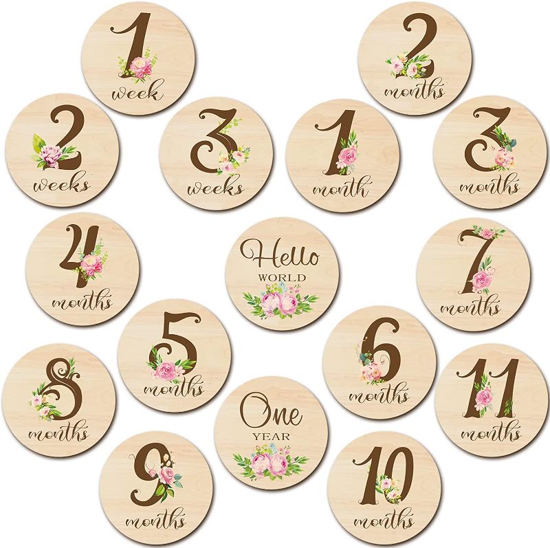 Photo 1 of 16 Pieces Wooden Baby Monthly Milestone Cards Floral Baby Monthly Milestone Marker Discs Double Sided Monthly Milestone Wooden Circles Baby Months Signs for Baby Shower Newborn Photo Props 