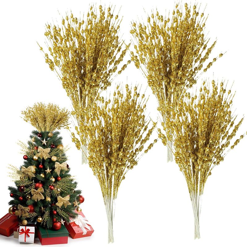 Photo 1 of 48 Pcs Christmas Artificial Glitter Berry Stem Gold Ornaments 17 in Fake Christmas Picks Glitter Sticks Artificial Twigs with Berries for Xmas Tree DIY Wreath Crafts Holiday Gift Fireplace Home Decor 