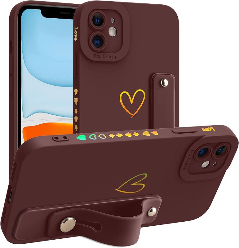 Photo 1 of AIGOMARA for iPhone 11 Case Side & Back Cute Plated Love Heart with Finger Strap, Silky Soft Liquid Silicone Anti-Fall Lens Cameras Cover Protection Phone Case for Women Girly Men - Claret Red