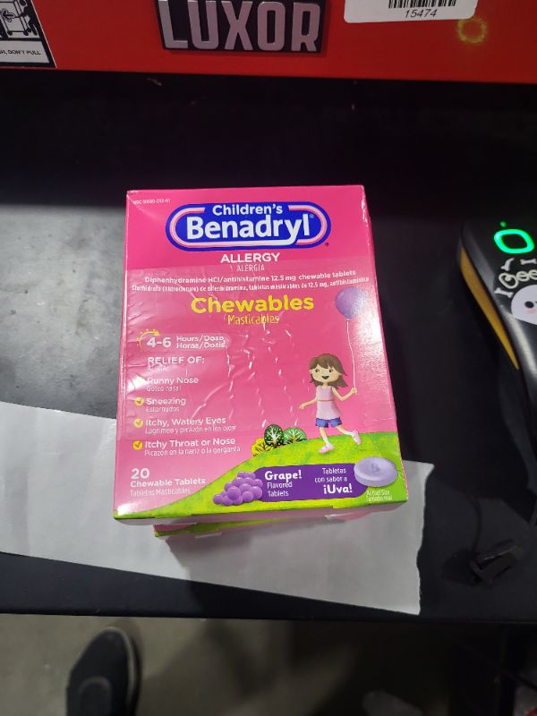 Photo 2 of Benadryl Children's Allergy Chewables with Diphenhydramine HCl, Antihistamine Chewable Tablets in Grape Flavor, Three Pack, 3 x 20 ct Each, 60 ct 20 Count (Pack of 3)