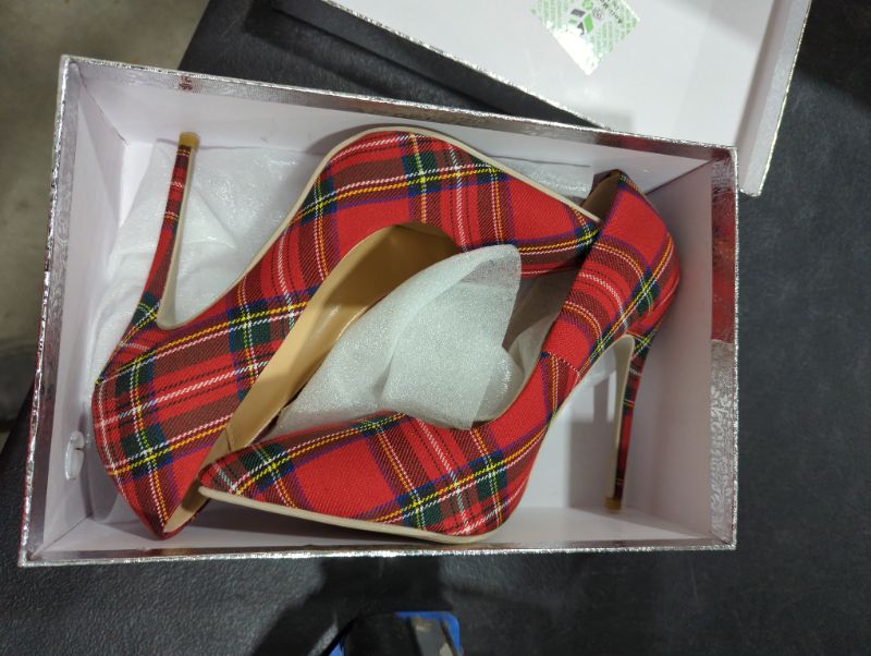 Photo 2 of wetkiss Red Plaid Heels Tartan Christmas Stiletto Heels Pumps Pointed Toe Slip on Sexy High Heel Shoes for Women Ladies Female -12cm/4.72"
8