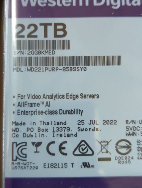 Photo 3 of Western Digital 22TB WD Purple Pro Surveillance Internal Hard Drive HDD - SATA 6 Gb/s, 512 MB Cache, 3.5" - WD221PURP 22TB HDD