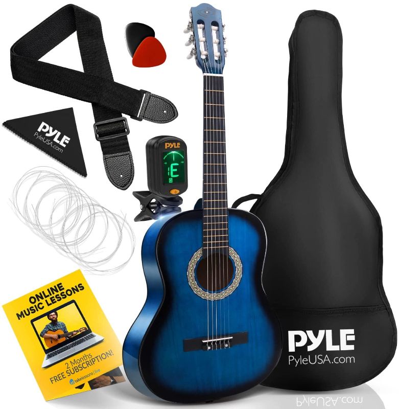 Photo 1 of Beginner 36” Classical Acoustic Guitar - 3/4 Junior Size 6 String Linden Wood Guitar w/ Gig Bag, Tuner, Nylon Strings, Picks, Strap, For Beginners, Adults - Pyle PGACLS82BLU (Blue Burst) Blue Fade
