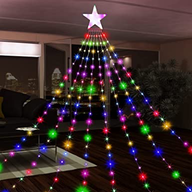 Photo 1 of Lightess Christmas Lights, Outdoor Christmas Decorations, 300 LED Waterfall String Lights, 8 Light Modes Chrsitmas Lights with 12" Star Tree Topper for Yard, Wedding, Party, New Year (Multicolor)