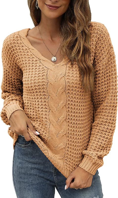 Photo 1 of GIBLY Womens Cable Knit V-Neck Loose Sweater Casual Long Sleeve Solid Pullover Sweater Small