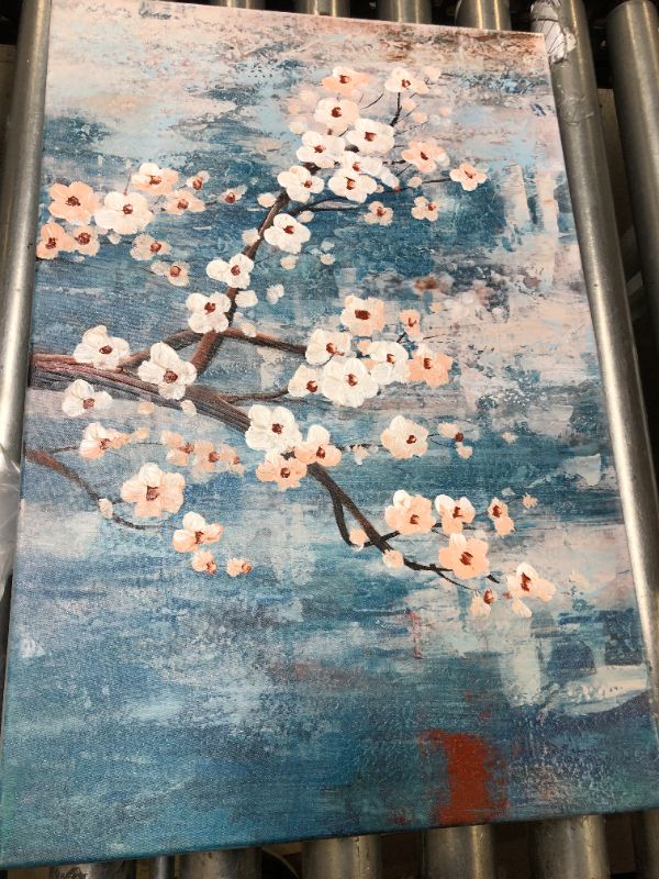 Photo 1 of  Hand-Painted Flower Oil Painting OnFloral Plum Blossom Tree Teal Blue Artwork for Home Bedroom Decor Plum Blossom Oil Painting Overall 16X24inch